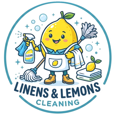 Linens and Lemons Cleaning logo: a smiling lemon in an apron holding a spray bottle, duster and mop